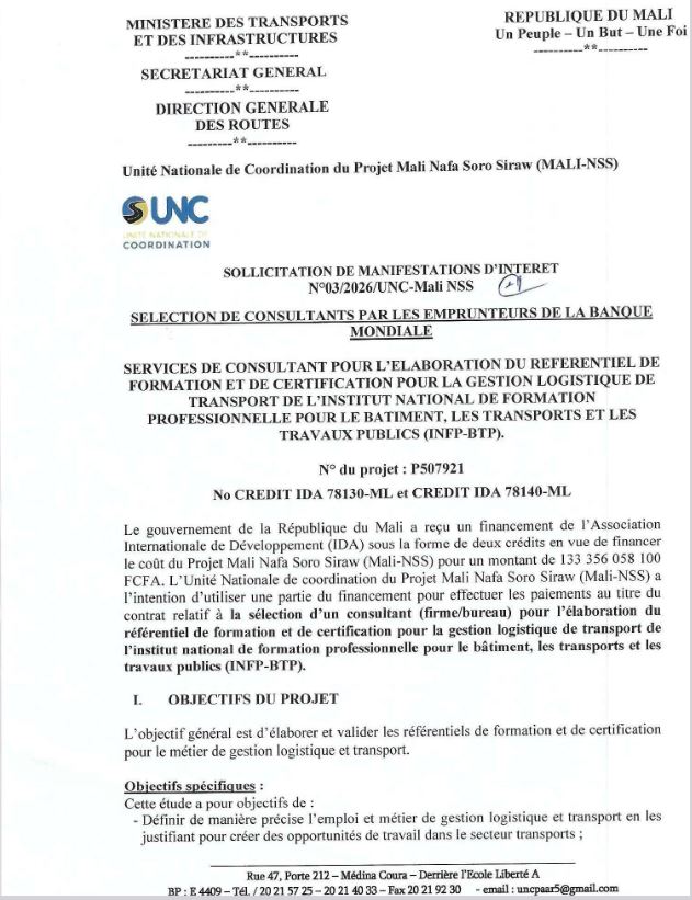 SERVICES DE CONSULTANT POUR L’ELABORATION DU REFERENTIEL DE FORMATION ET DE CERTIFICATION POUR LA GESTION LOGISTIQUE DE TRANSPORT DE L’INSTITUT NATIONAL DE FORMATION PROFESSIONNELLE